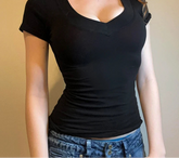 BXOXO Solid V-neck Skinny Cropped Top Summer Basic Short Sleeve Slim-fitting T-shirts Women y2k Aesthetic Tee Casual Streetwear